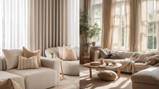 Curtain Ideas For Every Room Elegant living room with beige sofas, cozy pillows, and sunlight streaming through large windows with curtains. | Sky Rye Design Elegant living room with beige sofas, cozy pillows, and sunlight streaming through large windows with curtains.