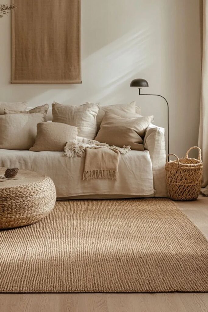 Cozy beige living room with a linen sofa, woven pouf, jute rug, and basket. Minimalist and neutral decor.