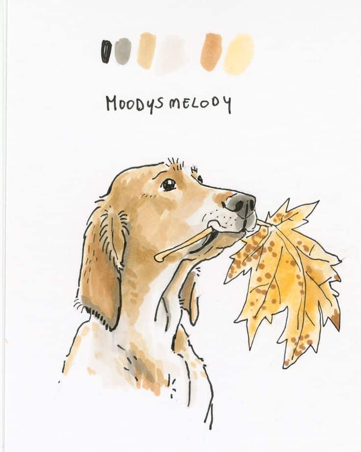 Illustration of a dog holding a maple leaf with fall colors, labeled Moody's Melody with color palette above.