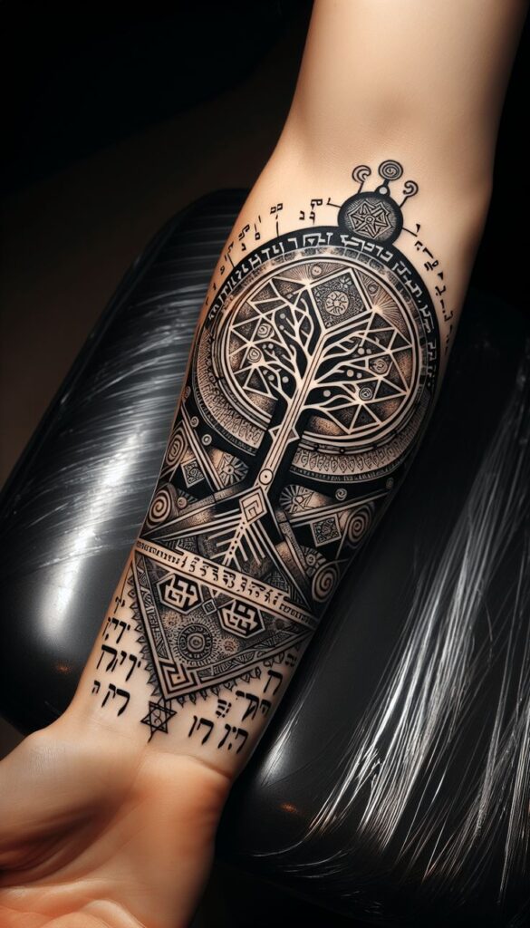 Intricate forearm tattoo featuring a detailed tree of life design with geometric and script elements.