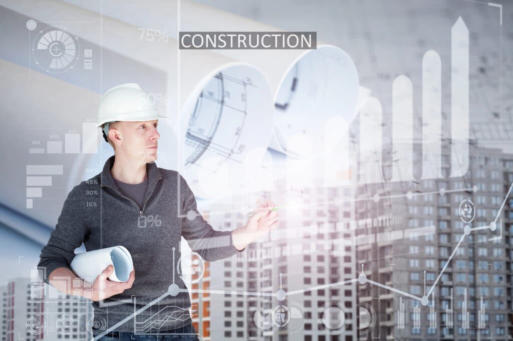 Construction engineer with blueprints, analyzing data charts and building skyscrapers in the background.