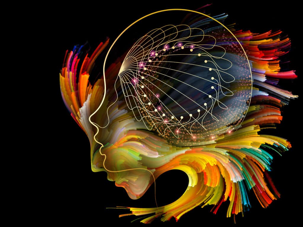 Abstract art of a human face with neural connections and colorful, dynamic swirls in a black background.