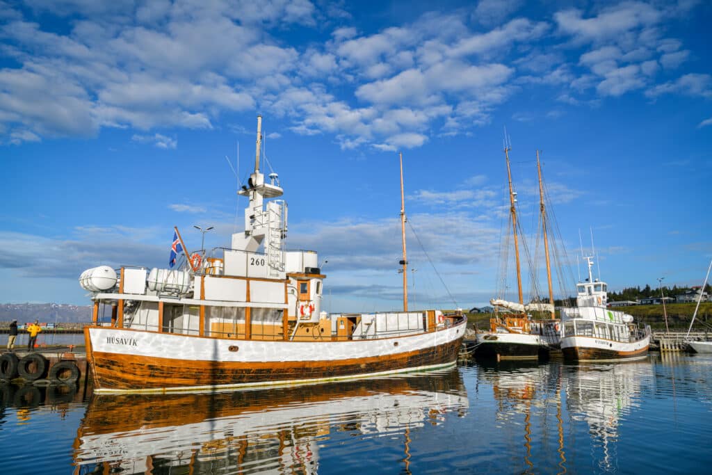 Historic wooden boats docked at a serene harbor under a blue sky with scattered clouds.