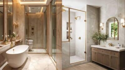Luxurious modern bathrooms with gold accents, featuring marble tiles, freestanding tub, glass shower, and elegant vanity.