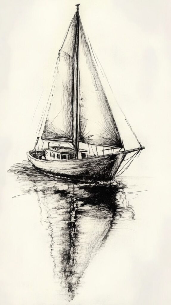 Sketch of a sailboat on water with detailed sails and reflection, capturing a serene nautical scene.