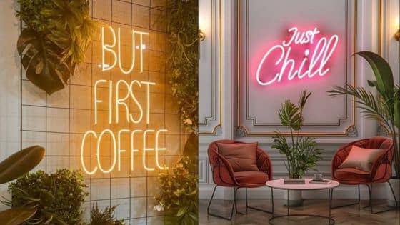 Do You Know Which Business Signs Are Suited for Needs Neon signs reading But First Coffee and Just Chill in stylish, plant-filled settings. | Sky Rye Design Neon signs reading But First Coffee and Just Chill in stylish, plant-filled settings.