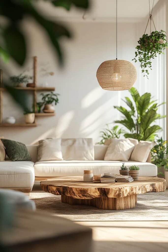 Modern living room with wooden coffee table, beige sofa, pendant lamp, and indoor plants in cozy natural light.