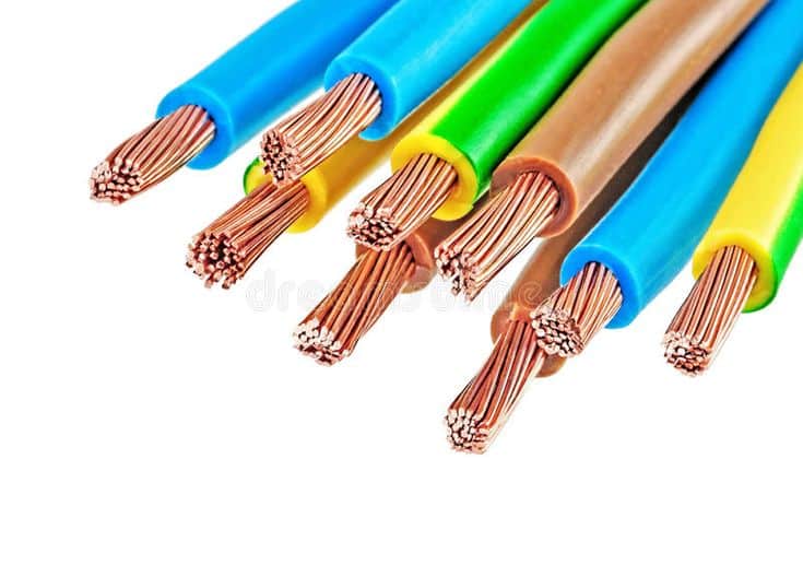 Close-up of multicolored electrical cables with exposed copper wires on white background.