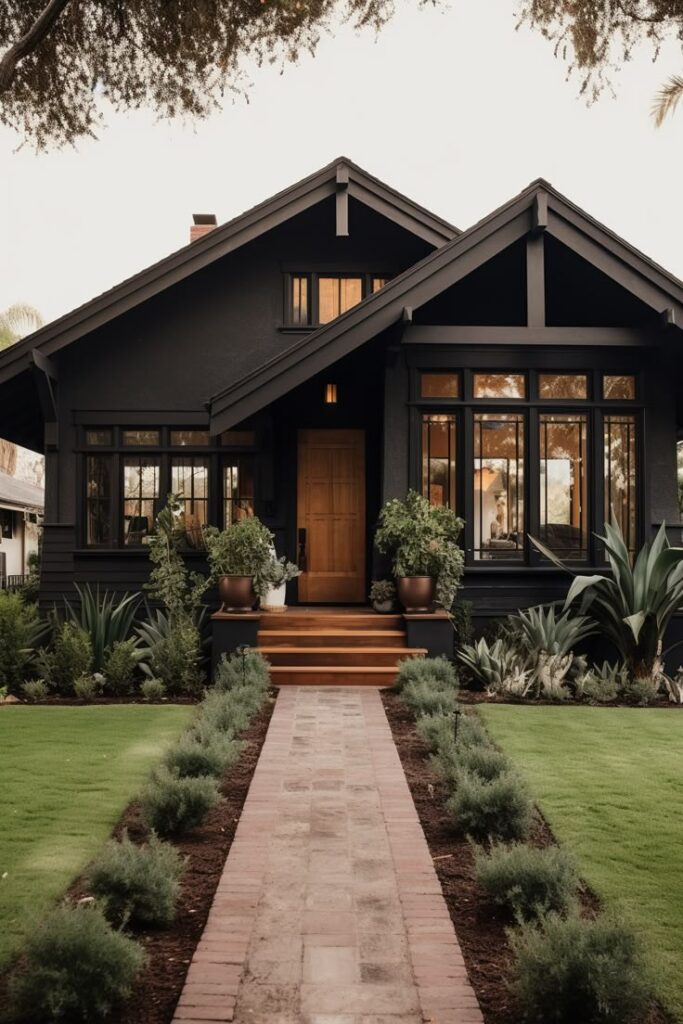 Charming black bungalow with lush garden and welcoming pathway.