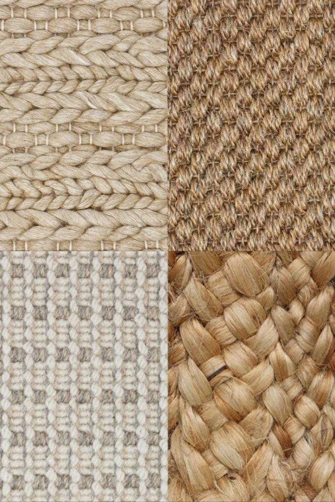 Four types of woven natural fiber textures in a grid, showcasing diverse patterns and earthy tones.
