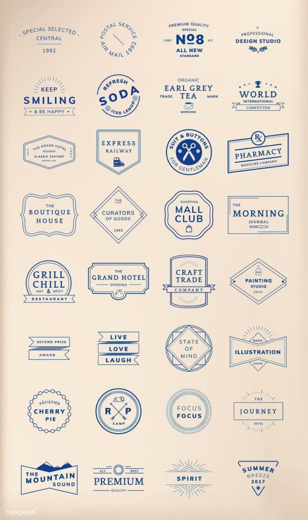 Set of vintage logo designs featuring various themes and text on a beige background. Ideal for branding ideas.