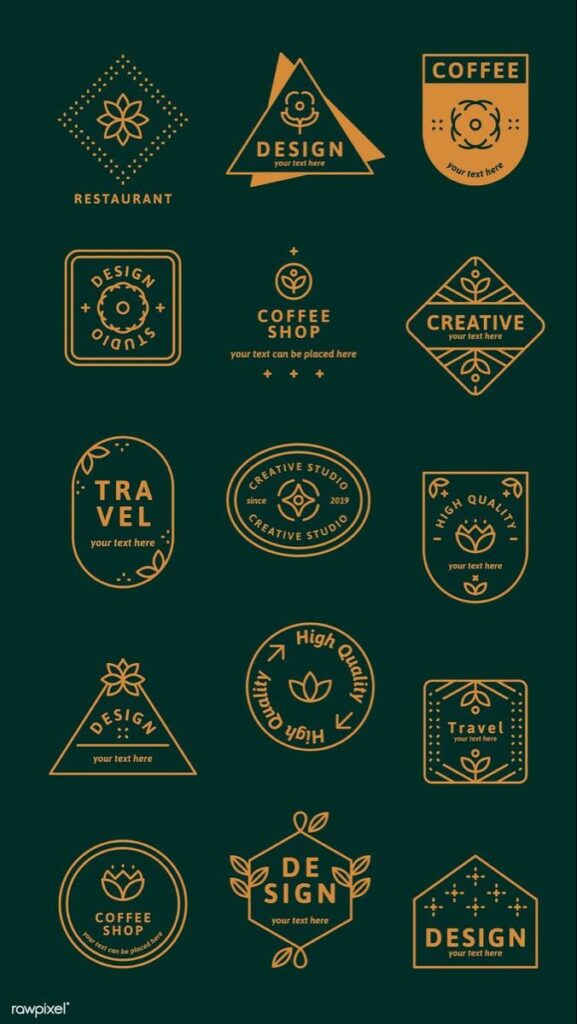 Set of 16 vintage badge designs for coffee, travel, and design studios on a dark green background.