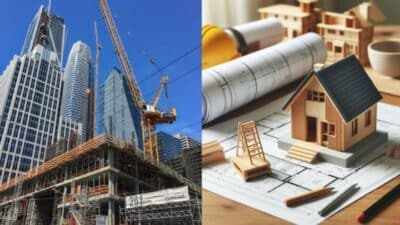 Skyscraper construction and architectural model on blueprints, showcasing modern urban development and design planning.