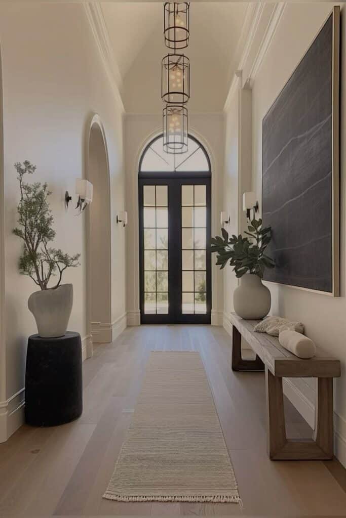 Bright modern hallway with wooden floor, large windows, potted plants, and pendant lighting, leading to a black door.