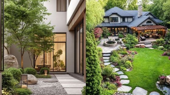 Essential Landscaping Materials to Elevate Your Outdoor Projects Modern minimalist courtyard next to lush landscaped backyard with stone path, showcasing diverse garden design styles. | Sky Rye Design Modern minimalist courtyard next to lush landscaped backyard with stone path, showcasing diverse garden design styles.