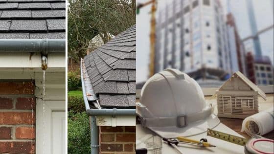 Essential Tips for Seasonal Gutter Maintenance Close-up of roof gutters with water damage beside construction tools and blueprints in front of a tall building. | Sky Rye Design Close-up of roof gutters with water damage beside construction tools and blueprints in front of a tall building.