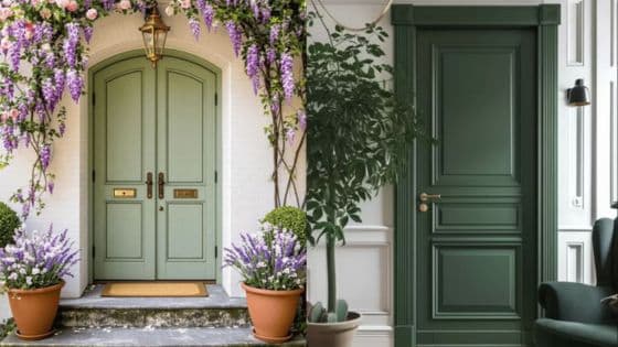 Exterior Doors Vancouver Styles for Home Green front door with purple flowers and potted plants next to elegant green interior door by a cozy sitting area. | Sky Rye Design Green front door with purple flowers and potted plants next to elegant green interior door by a cozy sitting area.