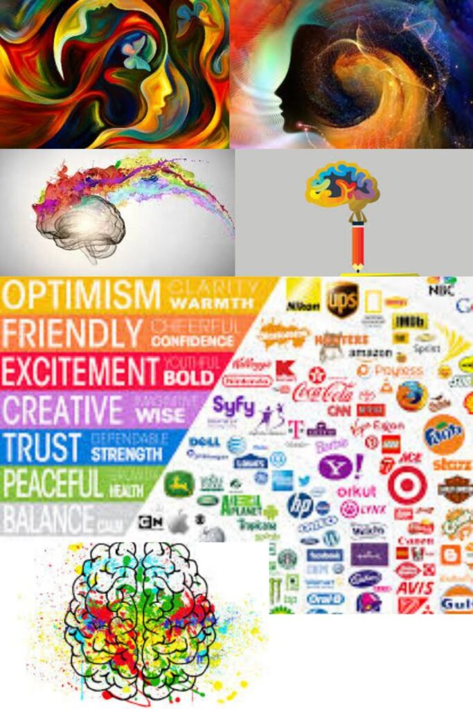 Abstract art and colorful brain illustrations with brand logos and words like optimism, excitement, and creativity.