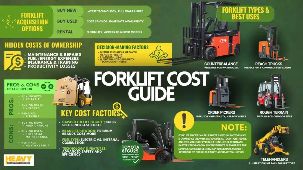 Infographic on forklift cost factors, types, acquisition options, and hidden ownership costs for efficient decision-making.