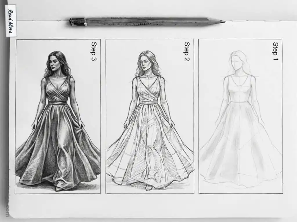 Sketching a female figure in a dress: a three-step process from basic outline to detailed shading with a pencil on paper.