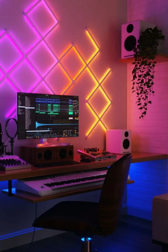 Modern music studio with neon lights, computer setup, speakers, and keyboard for music production.