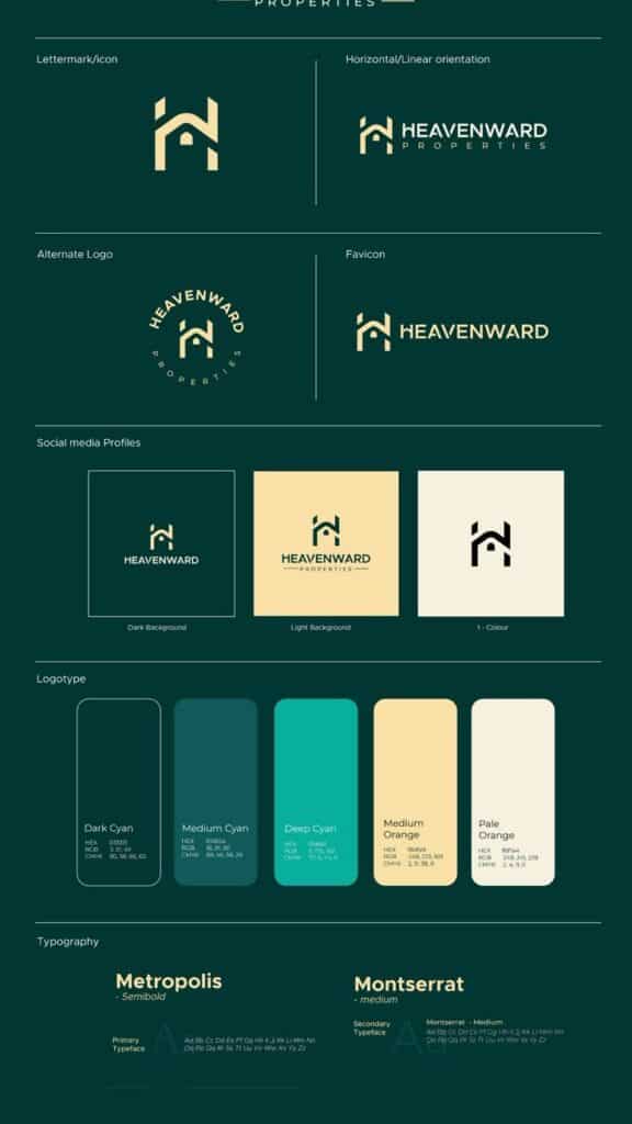 Heavenward Properties branding guide with logo designs, color palette, and typography samples on a dark green background. Creative Graphic Design Logos
