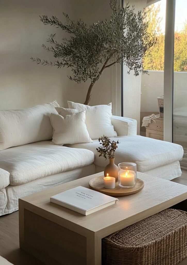 Modern living room with white sofa, candles, and potted plant near window, creating a cozy, minimalist ambiance.