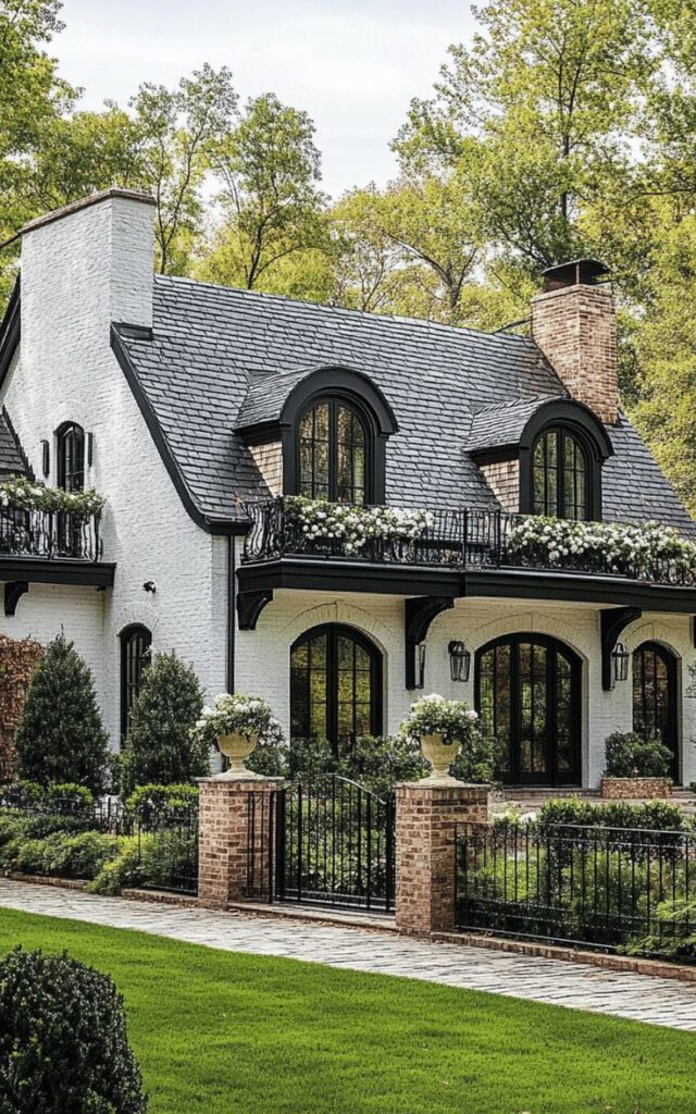 Charming cottage-style house with lush garden and arched windows, surrounded by trees and greenery.