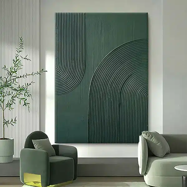Modern living room with abstract green wall art, stylish furniture, and a potted plant for a fresh, contemporary vibe.