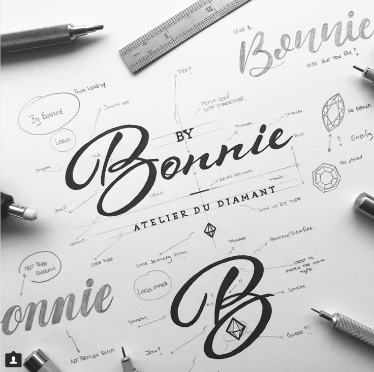 Hand-drawn logo design sketches for By Bonnie Atelier Du Diamant with artistic notes and drawing tools.
