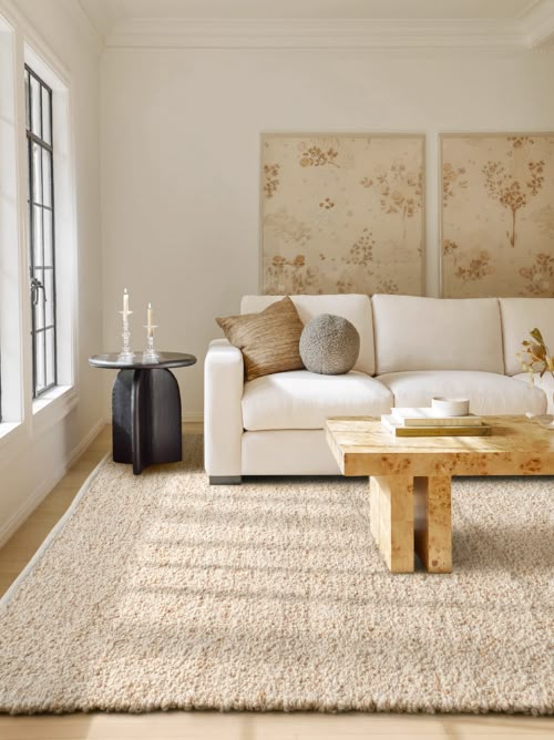 Modern living room with a white sofa, wooden coffee table, beige rug, abstract art, and natural light from large windows.