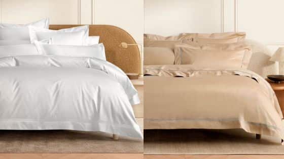 Home Comforts That Feel Luxury beige and white bedding set in a modern bedroom, featuring soft pillows and a stylish bedspread. | Sky Rye Design Luxury beige and white bedding set in a modern bedroom, featuring soft pillows and a stylish bedspread.