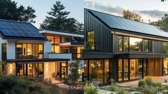 How Solar Panels Impact Home Resale Value Modern two-story homes with solar panels, large windows, and surrounding greenery at sunset. | Sky Rye Design Modern two-story homes with solar panels, large windows, and surrounding greenery at sunset.
