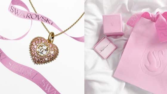 How Swarovski Crystals Can Transform Your Custom Jewelry Business Pink Swarovski heart necklace with crystal centerpiece, next to pink gift bag and jewelry box on soft white fabric. | Sky Rye Design Pink Swarovski heart necklace with crystal centerpiece, next to pink gift bag and jewelry box on soft white fabric.