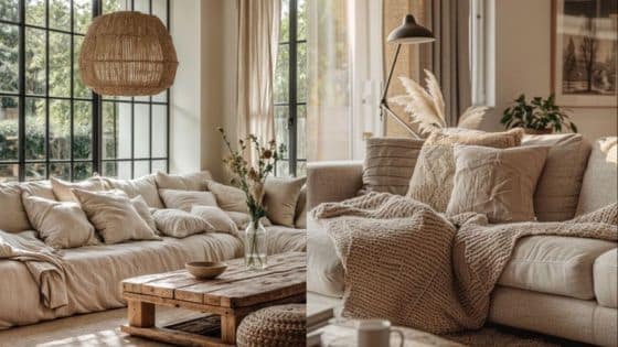 How to Create a Home That Stays Cozy and Cool All Year Cozy living room with a beige L-shaped sofa, rustic wooden coffee table, and large windows for natural light. | Sky Rye Design Cozy living room with a beige L-shaped sofa, rustic wooden coffee table, and large windows for natural light.