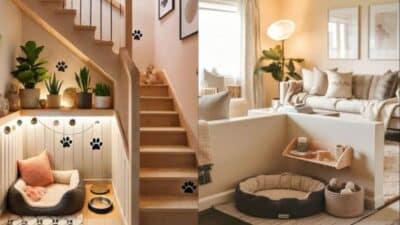 Cozy pet corner under stairs and in living room with bedding, plants, and decorations.