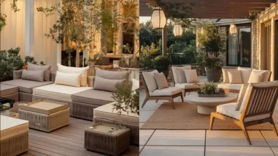 How to Design a Tranquil Outdoor Space Using Stone Tiles Elegant outdoor patio seating with cozy sofas, plants, and warm lighting for a relaxing evening atmosphere. | Sky Rye Design Elegant outdoor patio seating with cozy sofas, plants, and warm lighting for a relaxing evening atmosphere.