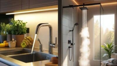 Modern kitchen sink and shower with plants; sleek design and steaming rain shower head.
