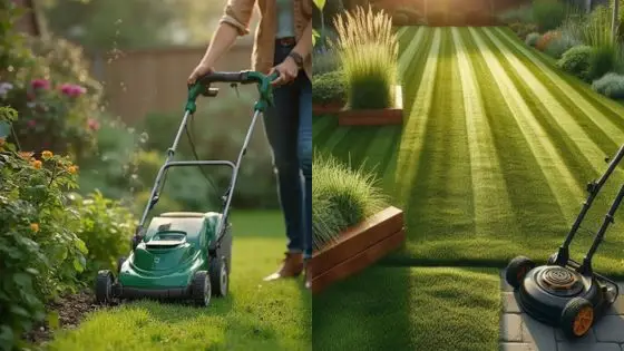 How to Easily Replace Common Ride-On Mower Parts at Home Person mowing a vibrant, neatly striped lawn with a green lawnmower in a sunlit garden. | Sky Rye Design Person mowing a vibrant, neatly striped lawn with a green lawnmower in a sunlit garden.
