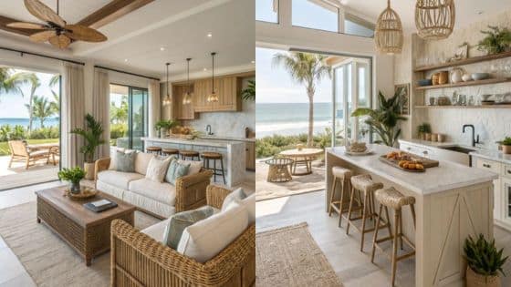 How to Keep Your Home Safe While You Are on Vacation Coastal open-plan living room and kitchen with ocean views, wicker furniture, and natural decor elements. | Sky Rye Design Coastal open-plan living room and kitchen with ocean views, wicker furniture, and natural decor elements.