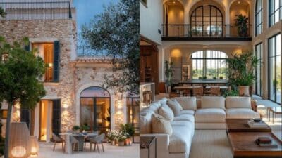 Rustic stone villa exterior and luxurious living room interior with large windows and elegant decor.