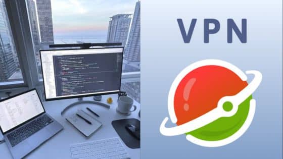 How to Secure Your Conversations Online Modern workspace with code on screens, coffee cup, and VPN logo, overlooking city skyline through large windows. | Sky Rye Design Modern workspace with code on screens, coffee cup, and VPN logo, overlooking city skyline through large windows.