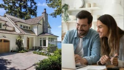 Couple researching a modern lakefront home online, exterior view of the house with a natural setting in the background.