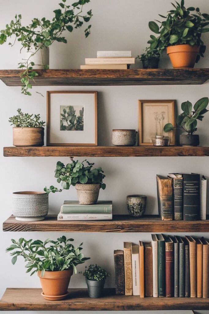 Wooden shelves with potted plants, framed art, and books create a cozy, nature-inspired decor.