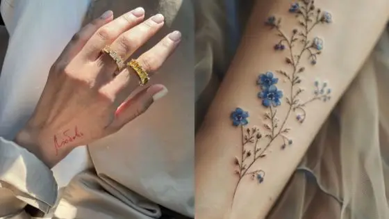 How to care for a new tattoo Close-up of hands with delicate flower tattoo and handwritten name tattoo, adorned with gold rings. | Sky Rye Design Close-up of hands with delicate flower tattoo and handwritten name tattoo, adorned with gold rings.