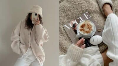 Cozy winter outfit with a fluffy coat and hat; relaxing with coffee, Vogue magazine, and warm knitwear.
