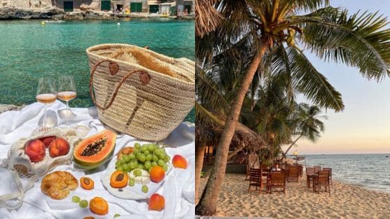 How to plan a budget-friendly vacation Beach picnic with fruits, wine, and a straw bag by turquoise water; palm trees shade a sunset dinner setup on sand. | Sky Rye Design Beach picnic with fruits, wine, and a straw bag by turquoise water; palm trees shade a sunset dinner setup on sand.