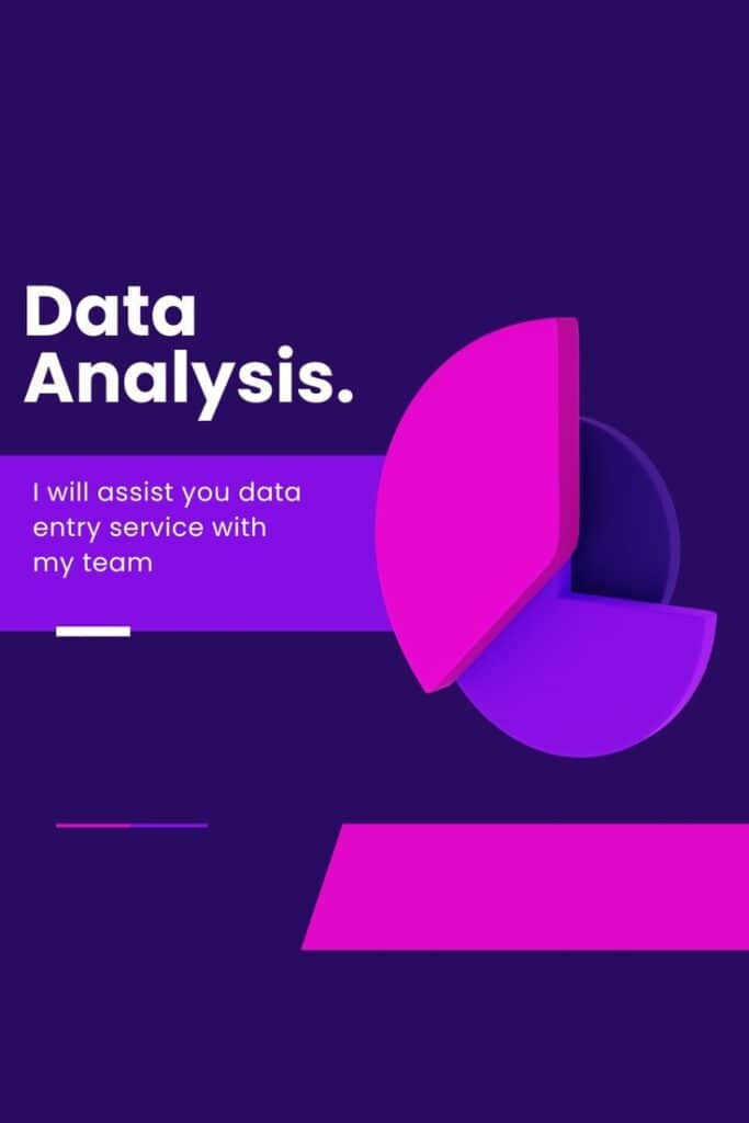 Data analysis service with vibrant purple and pink geometric design, offering professional data entry assistance.