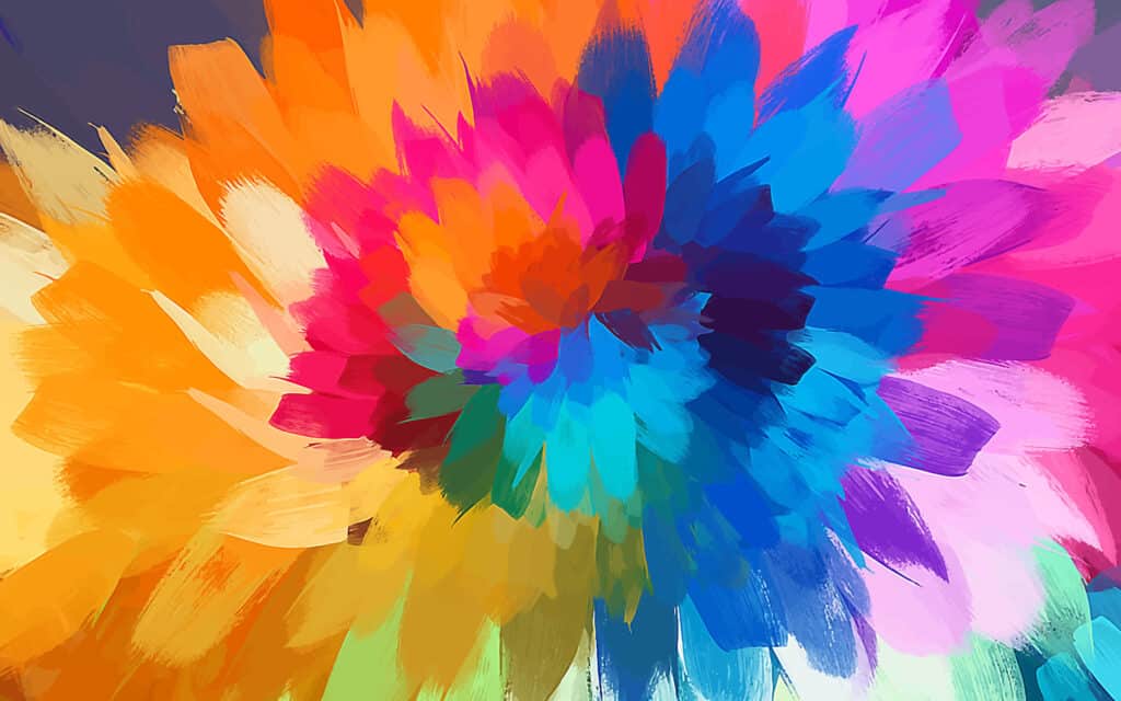 IMG_3635-Ai10 Vibrant abstract digital painting with colorful petals in blue, pink, orange, and yellow hues radiating outward. | Sky Rye Design Vibrant abstract digital painting with colorful petals in blue, pink, orange, and yellow hues radiating outward.