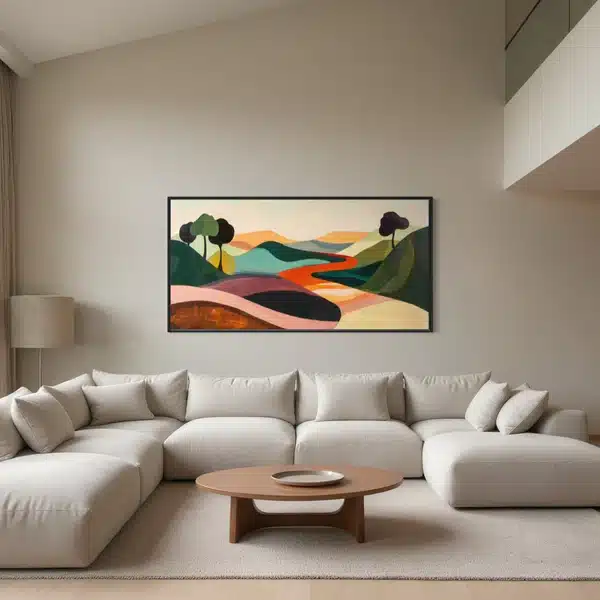 IMG_9395 Modern living room with abstract landscape painting above a beige sectional sofa and round wooden coffee table. | Sky Rye Design Modern living room with abstract landscape painting above a beige sectional sofa and round wooden coffee table.